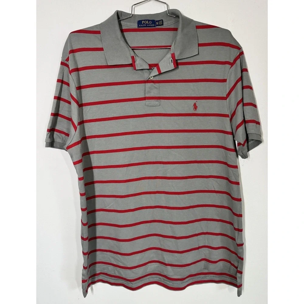 Polo Ralph Lauren Mens Short Sleeve Shirt Gray Red Stripes Size XL Red Pony Soft